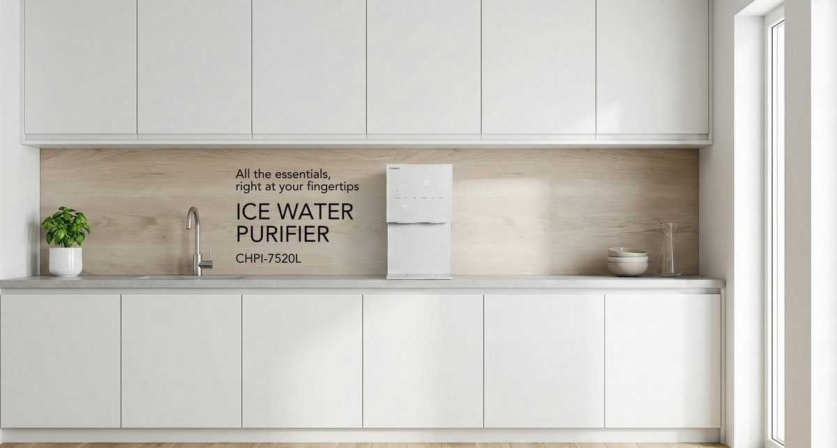 Coway ice water purifier in a bright modern kitchen