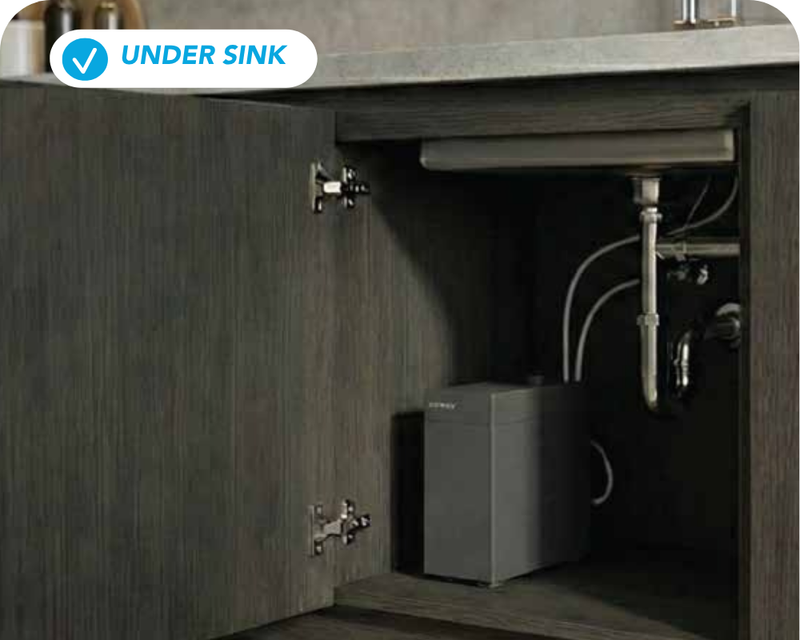 Under-sink kitchen setup with a water filter and labeled 'Under Sink'.The Coway Switch utilizes a multi-stage filtration system that effectively reduces chlorine, heavy metals, particulates, and unpleasant odors. The Coway Switch utilizes a multi-stage filtration system that effectively reduces chlorine, heavy metals, particulates, and unpleasant odors. Premium countertop. NSF/ANSI certifications